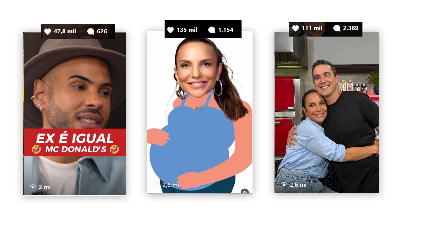 Three short-form video results with visible likes, comments and views