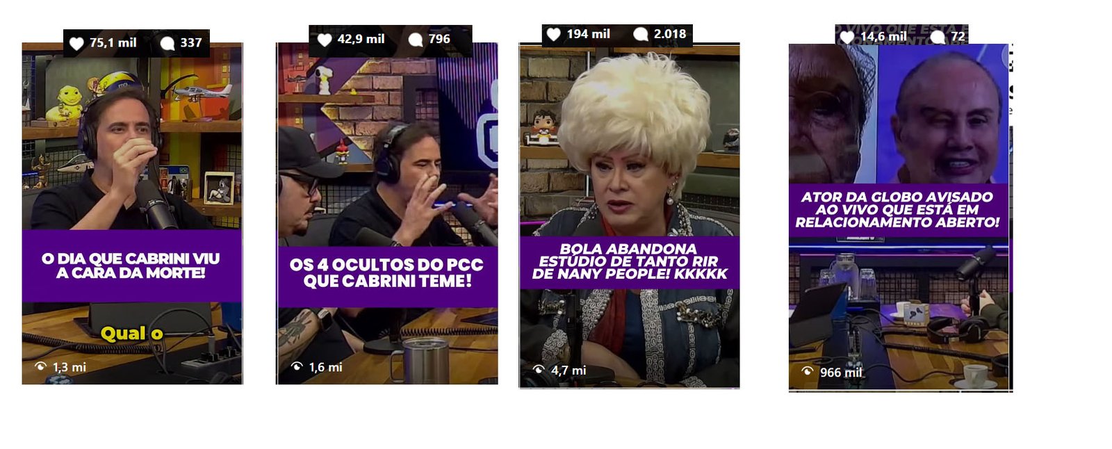 Four short-form video results with visible likes, comments and views