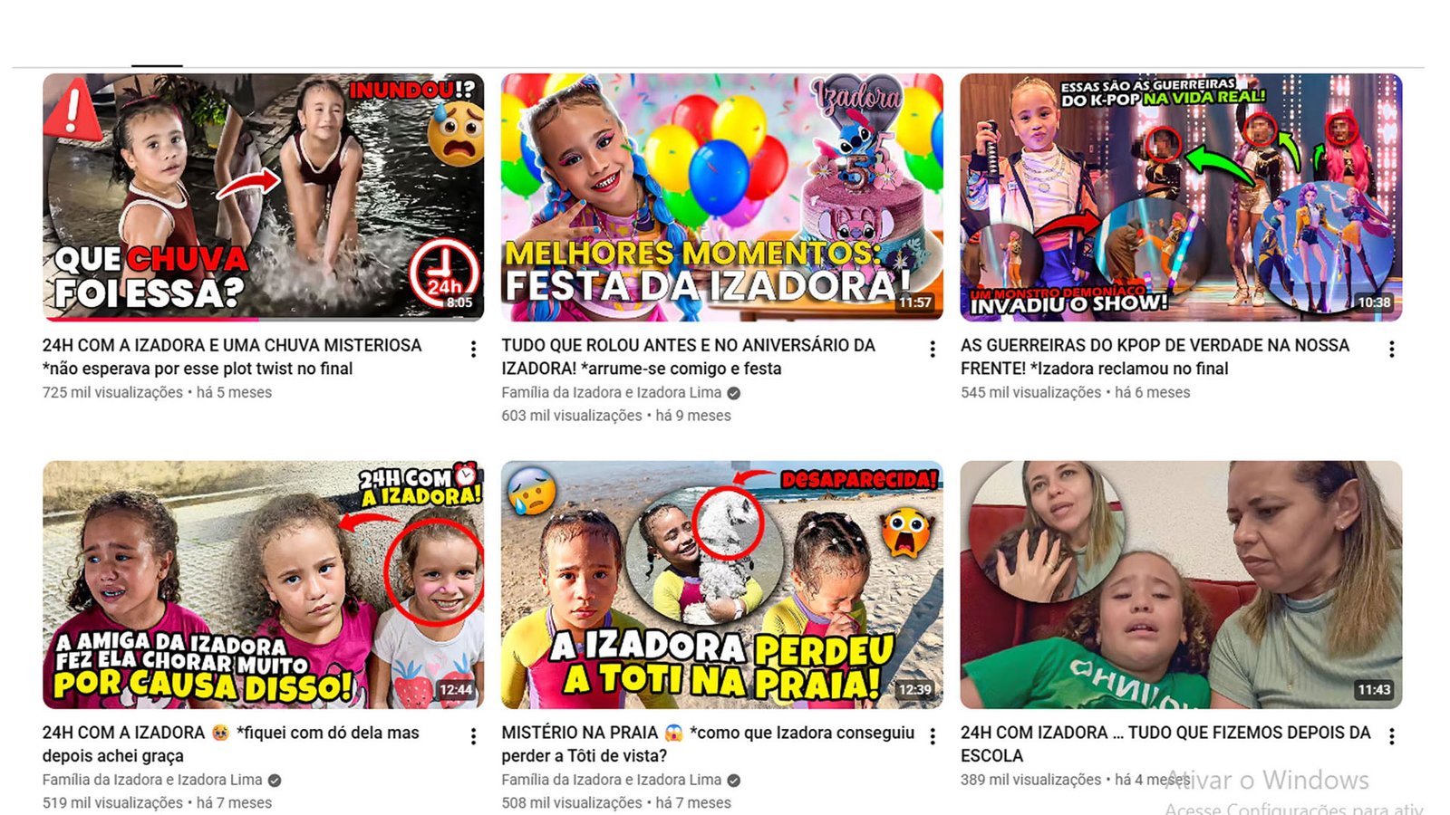 Six YouTube videos with view counts from 389 thousand to 725 thousand